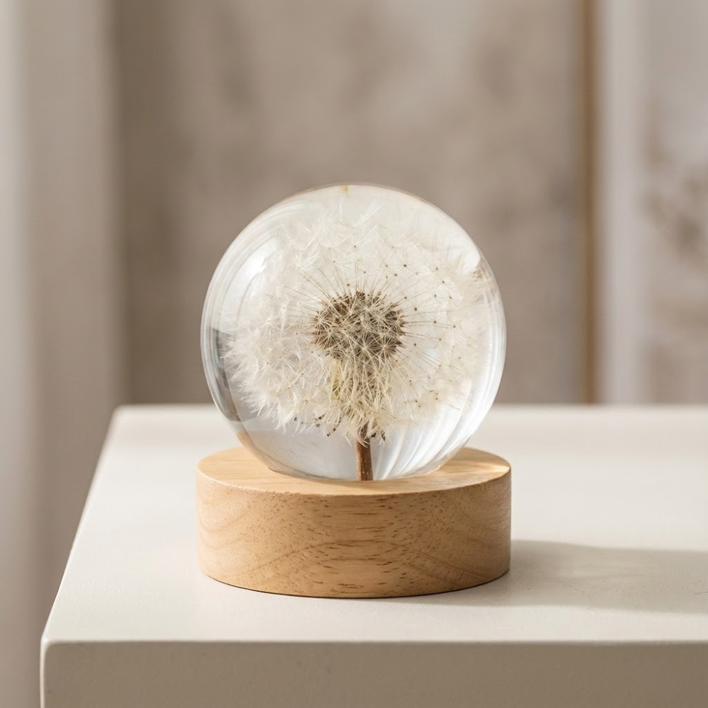 Dandelion in a glass sphere on a wooden base against a neutral background