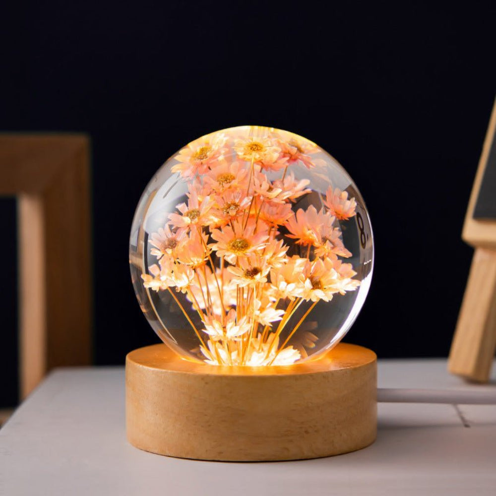 3D Crystal Flower LED Night Light – Decorative USB Powered Night Lamp with Real Bloom in Clear Crystal Sphere 2