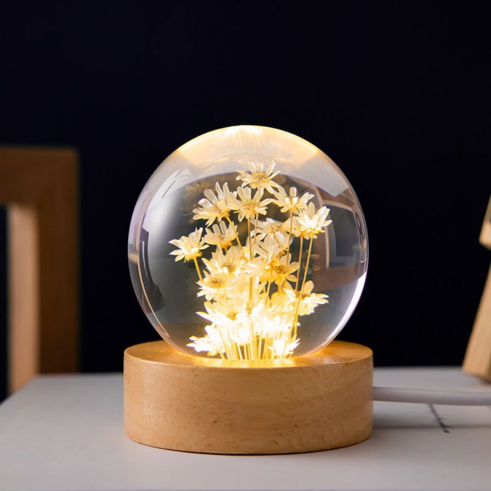 3D Crystal Flower LED Night Light – Decorative USB Powered Night Lamp with Real Bloom in Clear Crystal Sphere 3