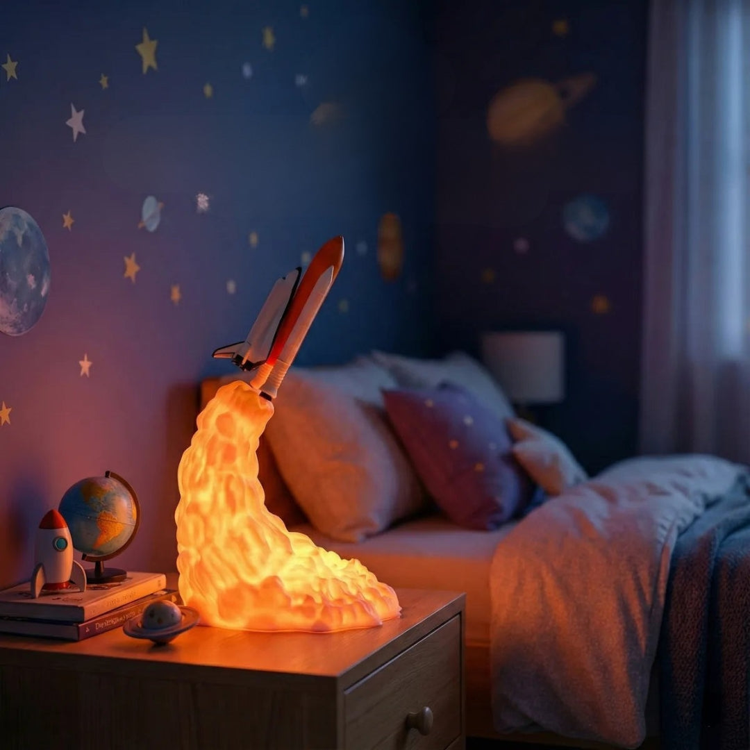 Decorative night light shaped like a rocket on a bedside table with space-themed wall stickers.