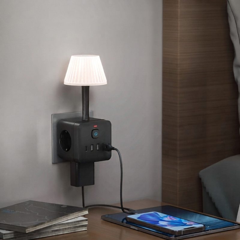 A black wall-mounted multi-port power strip with an attached small white lamp, shown plugged into a bedroom wall beside a bed and a tablet on a wooden bedside table.