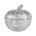 A clear glass pumpkin-shaped container with a ribbed textured body and a matching glass lid, shown on a solid white background.