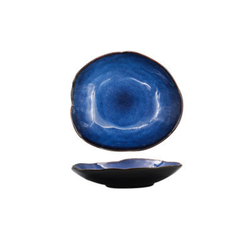 Blue ceramic plate with dimensions on a white background