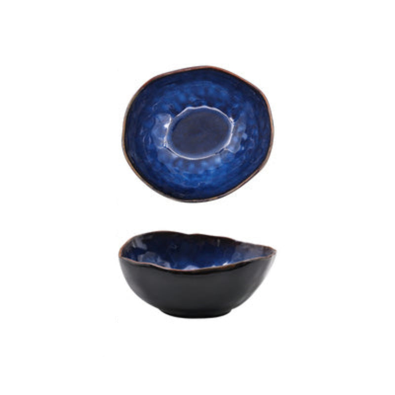 Blue and black ceramic bowl with measurements on a white background