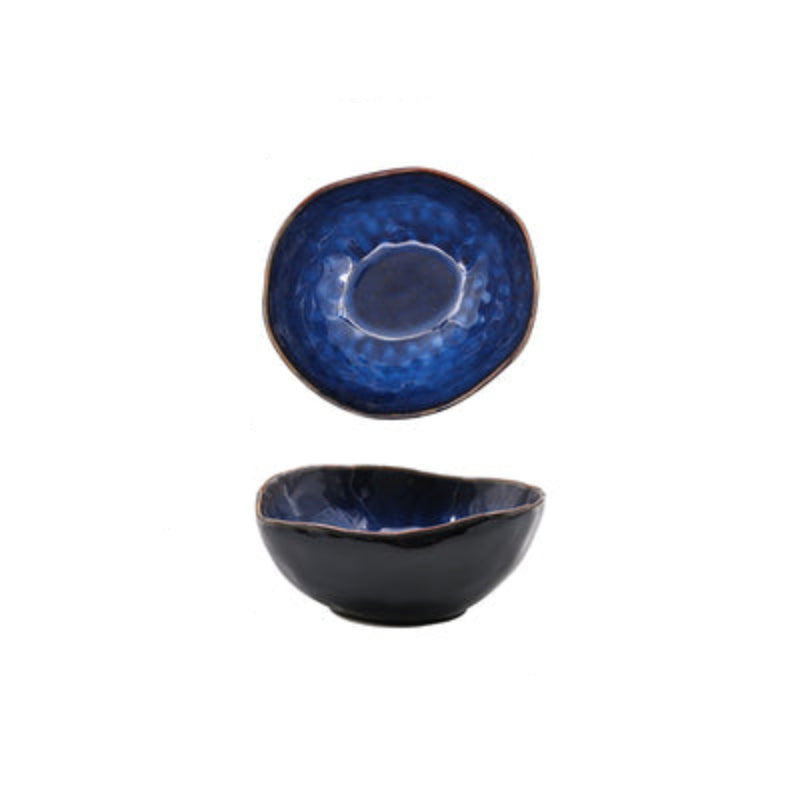 Blue ceramic bowl with dimensions on a white background