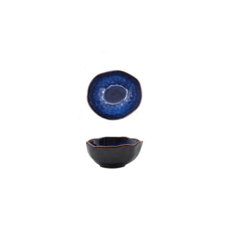 Blue ceramic bowl with dimensions on a white background