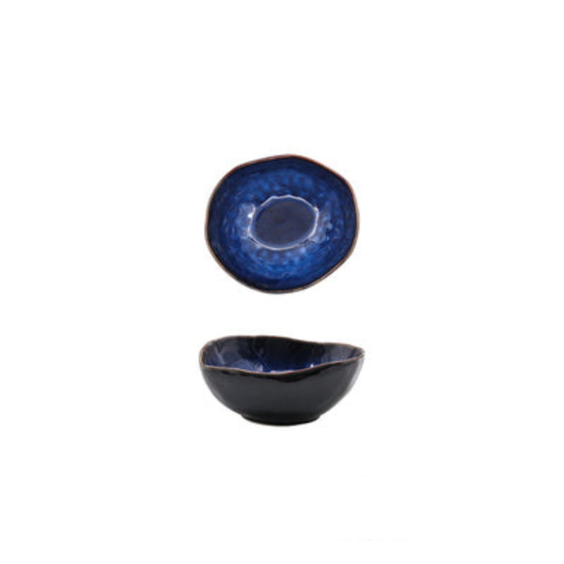 Blue ceramic bowl with dimensions on a white background