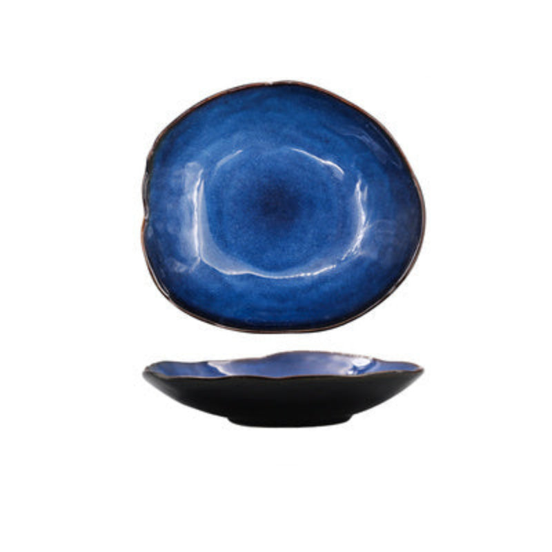 Blue ceramic plate with dimensions on a white background