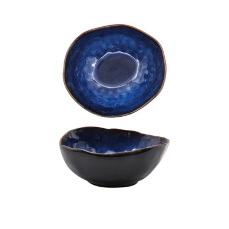 Blue ceramic bowl with dimensions and weight information on a white background