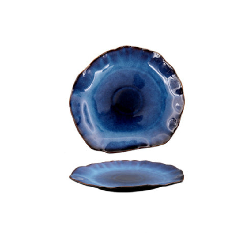 Blue ceramic plate with dimensions and weight information on a white background