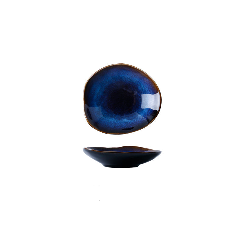 Blue ceramic bowl with dimensions and weight information on a white background