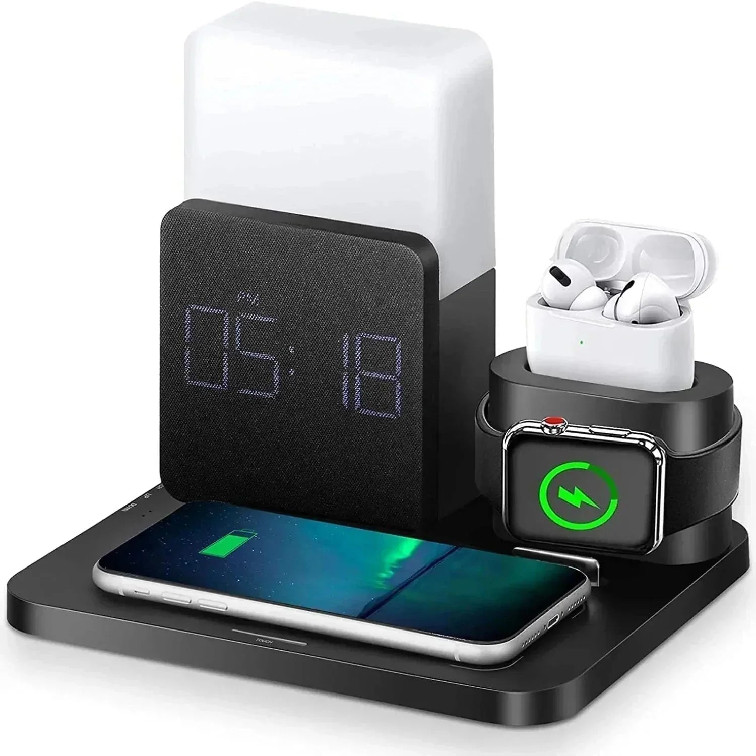 4-in-1 Fast Wireless Charger Station with Alarm Clock and Adjustable Lamp for Multiple Devices 2
