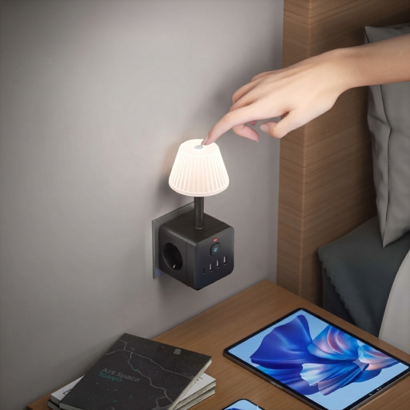 A bedside wall-mounted power strip with a small pleated lamp attached, shown in a bedroom setting. A person's hand is touching the lamp switch, and a tablet, notebook, and bed are visible nearby.