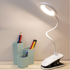 White LED desk lamp with flexible neck on a wooden surface, next to a pen holder with stationery items.