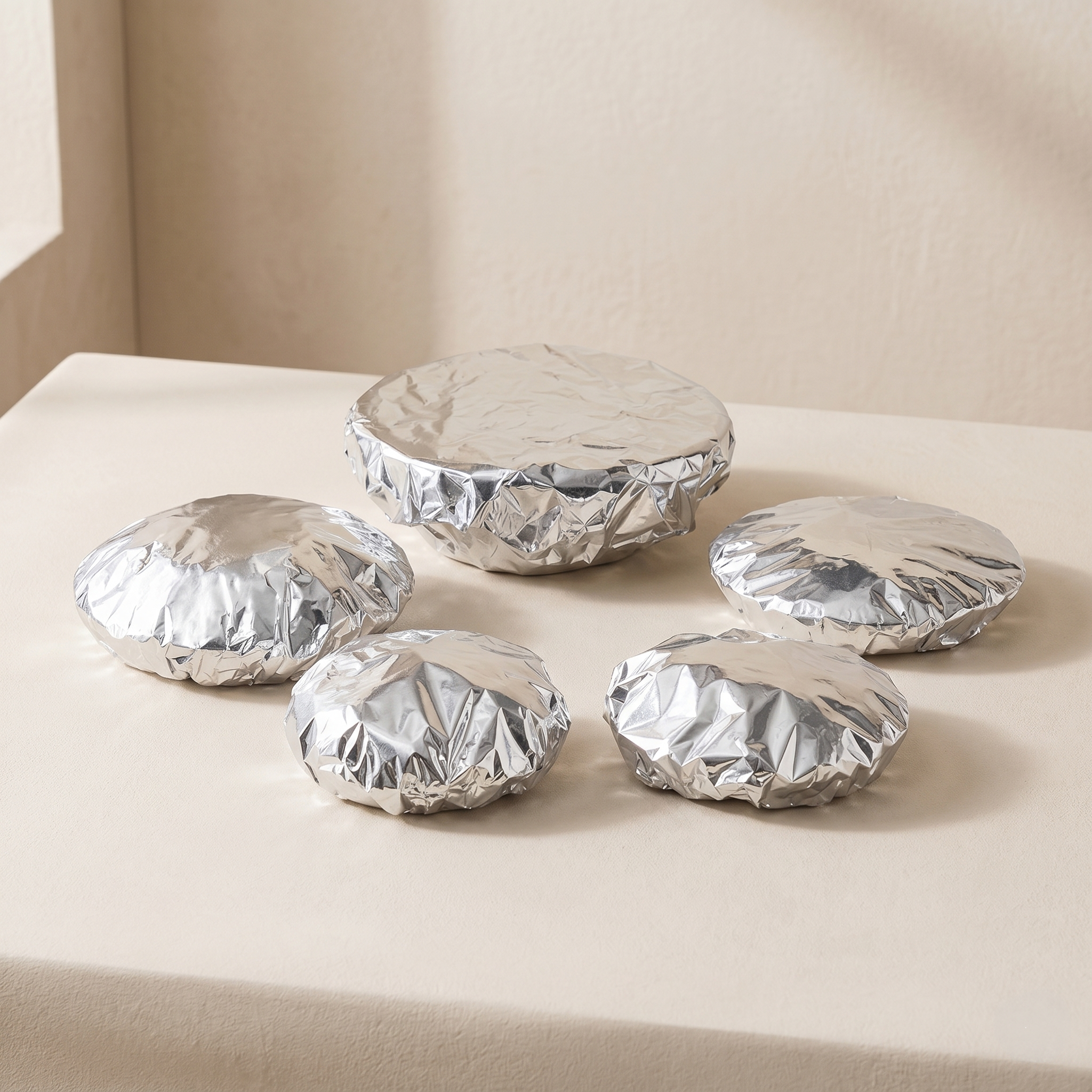 Five pieces of food wrapped in aluminum foil on a beige surface.