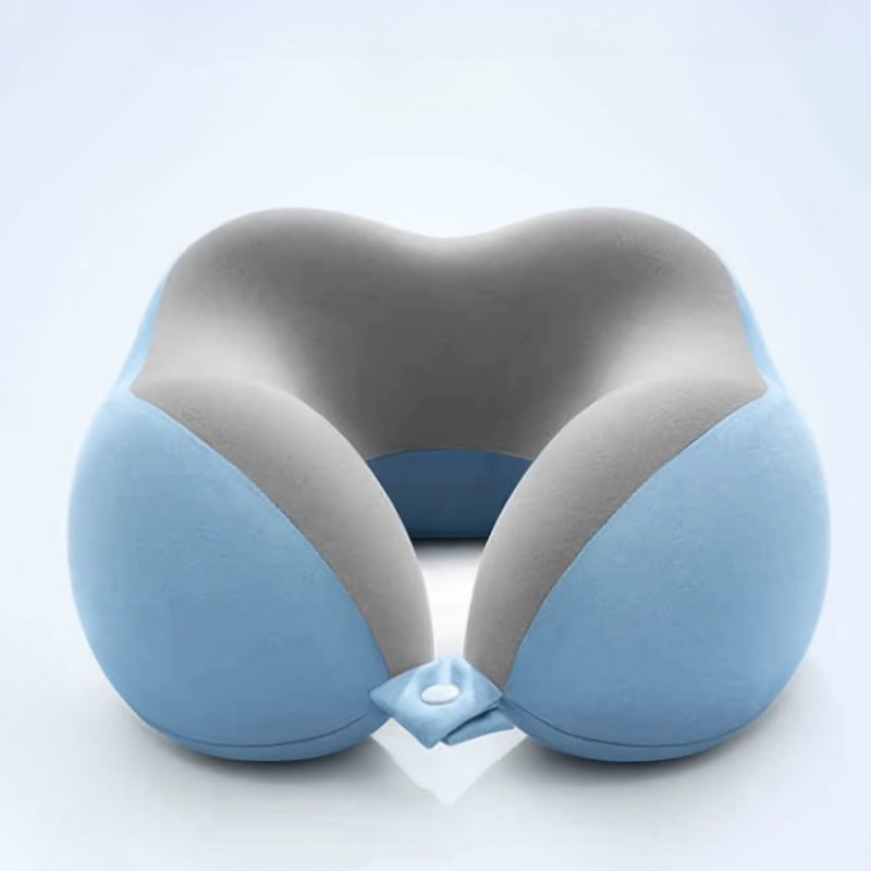 An inflatable neck pillow with a light blue exterior and a gray interior, shown on a clean white background.