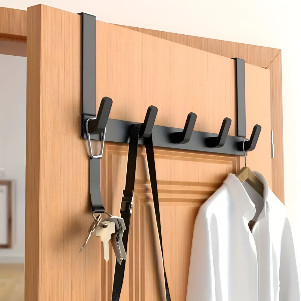 5-Hook Over Door Organizer - Stainless Steel, Space-Saving Towel Rack 1