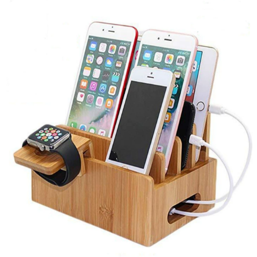 5-Port Bamboo Charging Station - Eco-Friendly Organizer for Devices 0