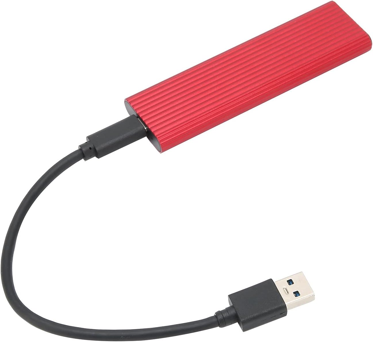 Red USB drive with black cable on a white background