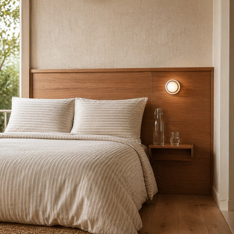 A neatly made bed with cream ribbed bedding and two pillows, set against a wooden headboard in a softly lit bedroom. A small floating nightstand beside the bed holds a glass carafe and two glasses, with a wall-mounted light above.