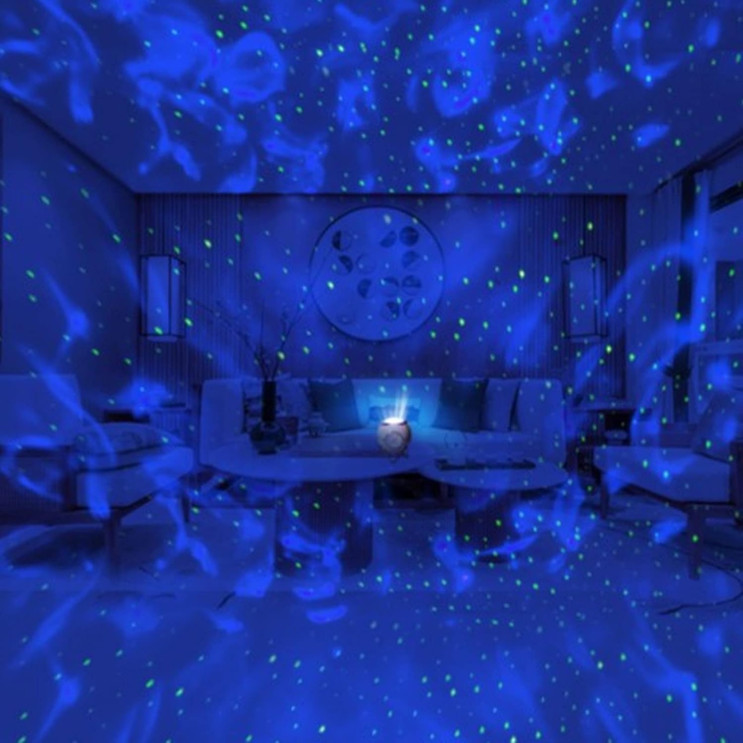 Living room with starry night light projector on ceiling