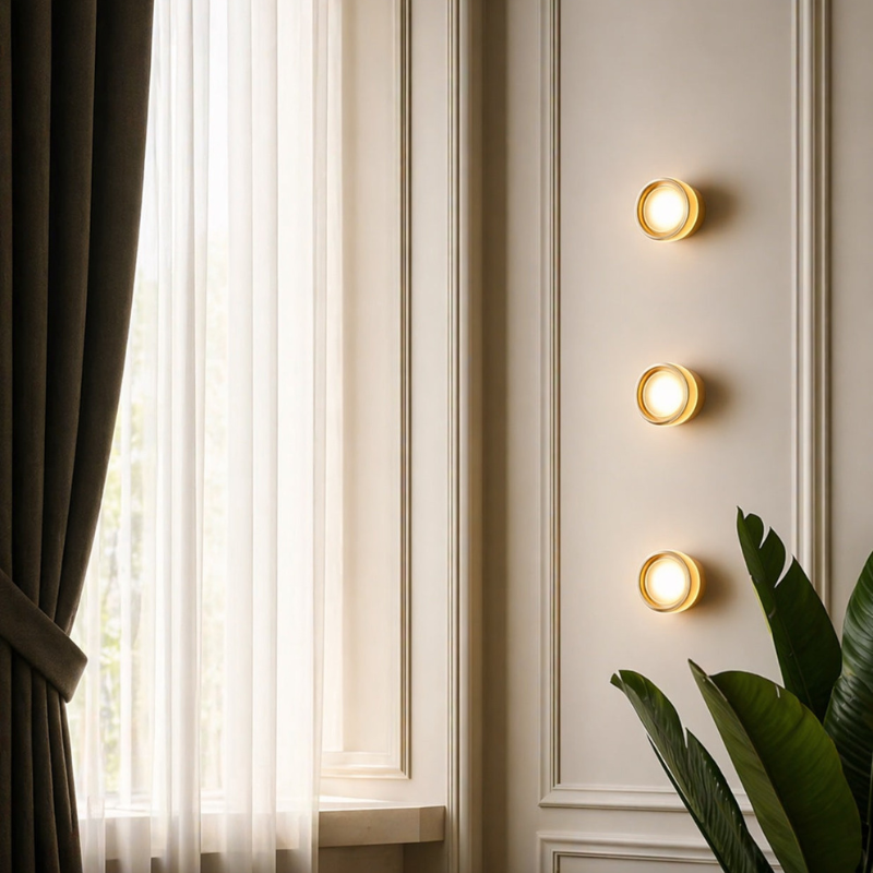 Three round wall sconces with warm yellow light are mounted vertically on a cream paneled wall next to a window with sheer curtains and a green plant in the foreground.