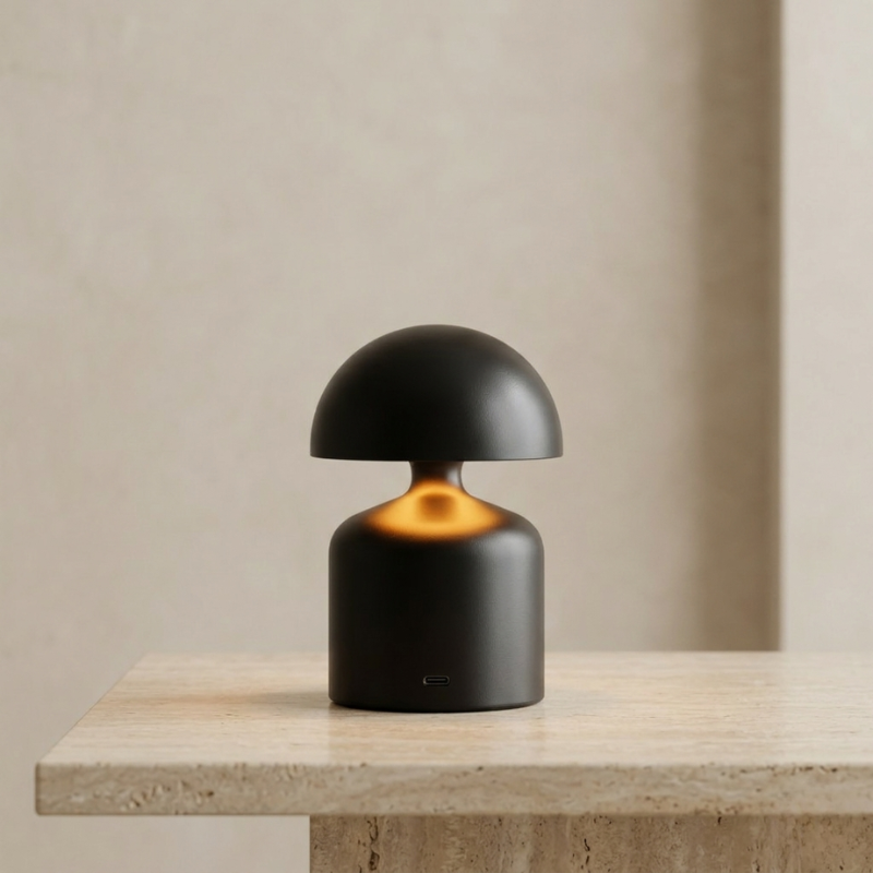 Black table lamp with warm glow on a wooden surface against a beige wall