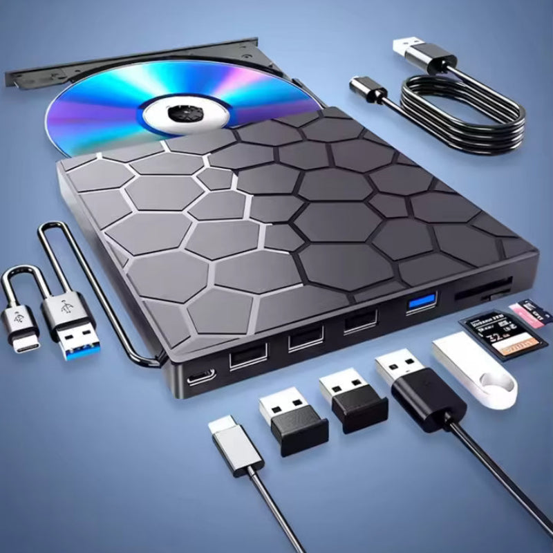 7-in-1 Portable External CD/DVD Drive for Laptop with USB 3.0, USB-C, 8-Port Hub, and SD Card Reader 1