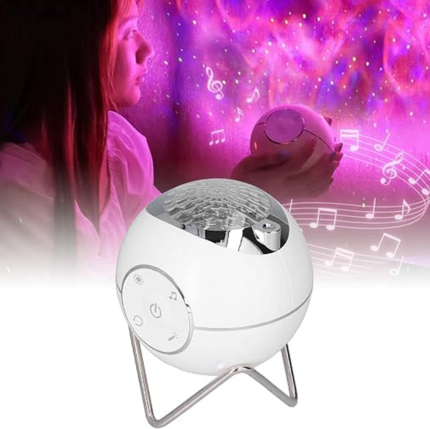 White spherical device with music notes and a person holding it against a colorful background