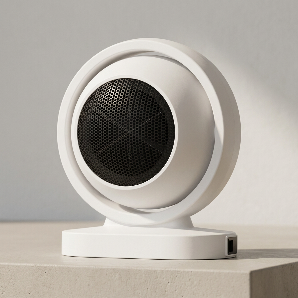 Modern white speaker with black grille on a neutral background
