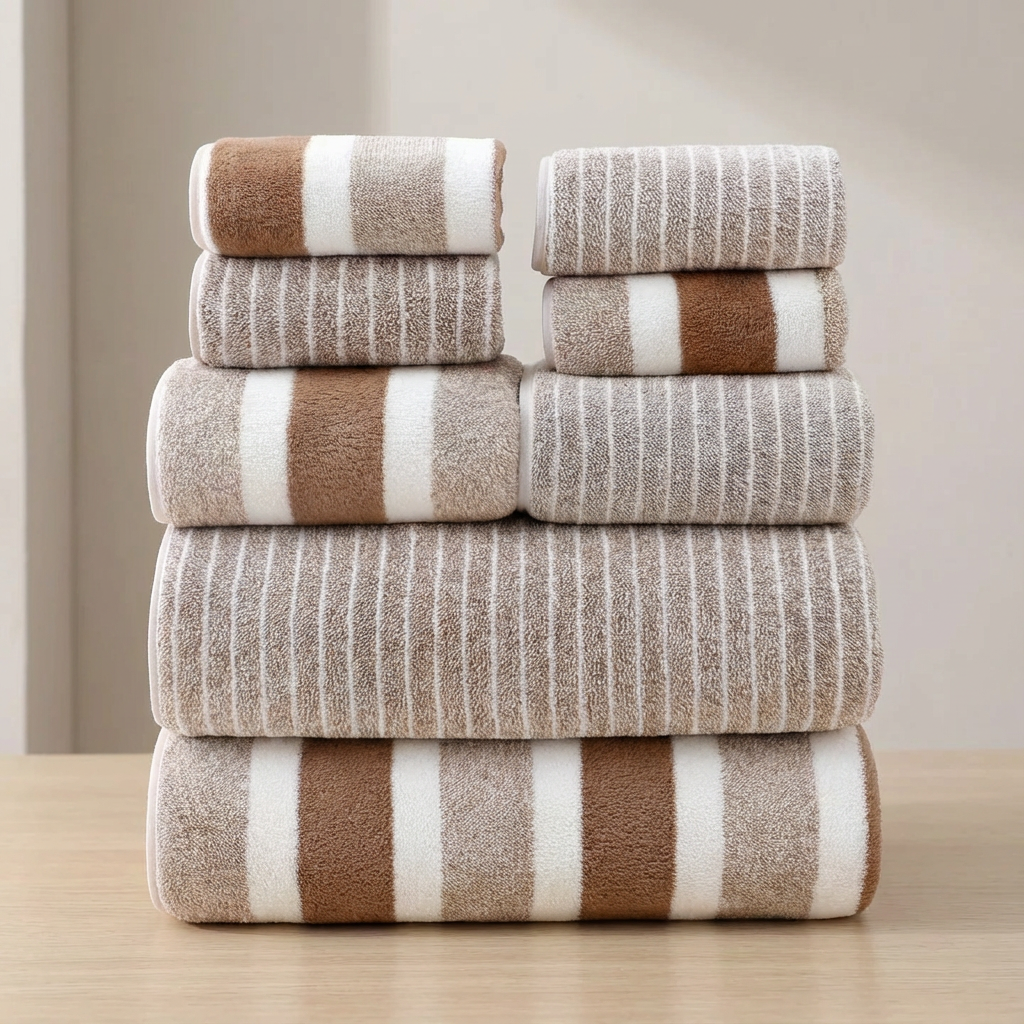 Stack of brown and beige striped towels on a wooden surface with a neutral background