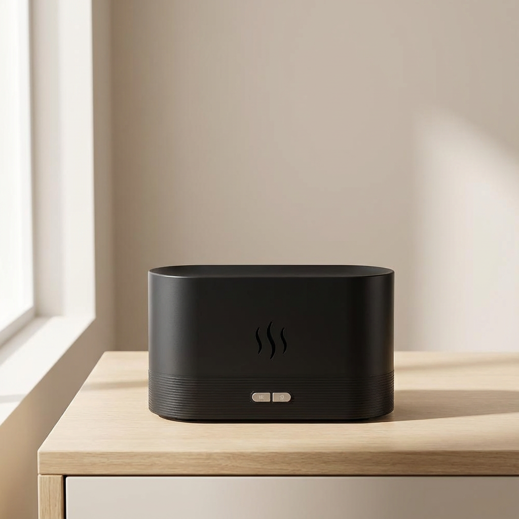 Black cylindrical device with a minimalist design on a wooden surface.