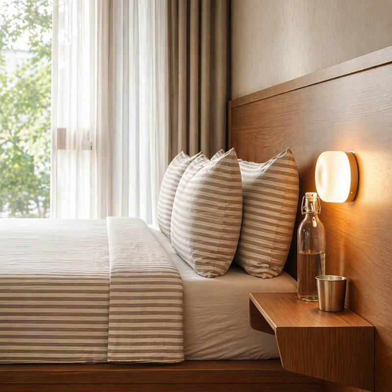 A neatly made bed with beige and white striped bedding and matching pillows in a modern bedroom. A wooden floating bedside table holds a lit wall lamp, a clear glass bottle, and a small metal cup.