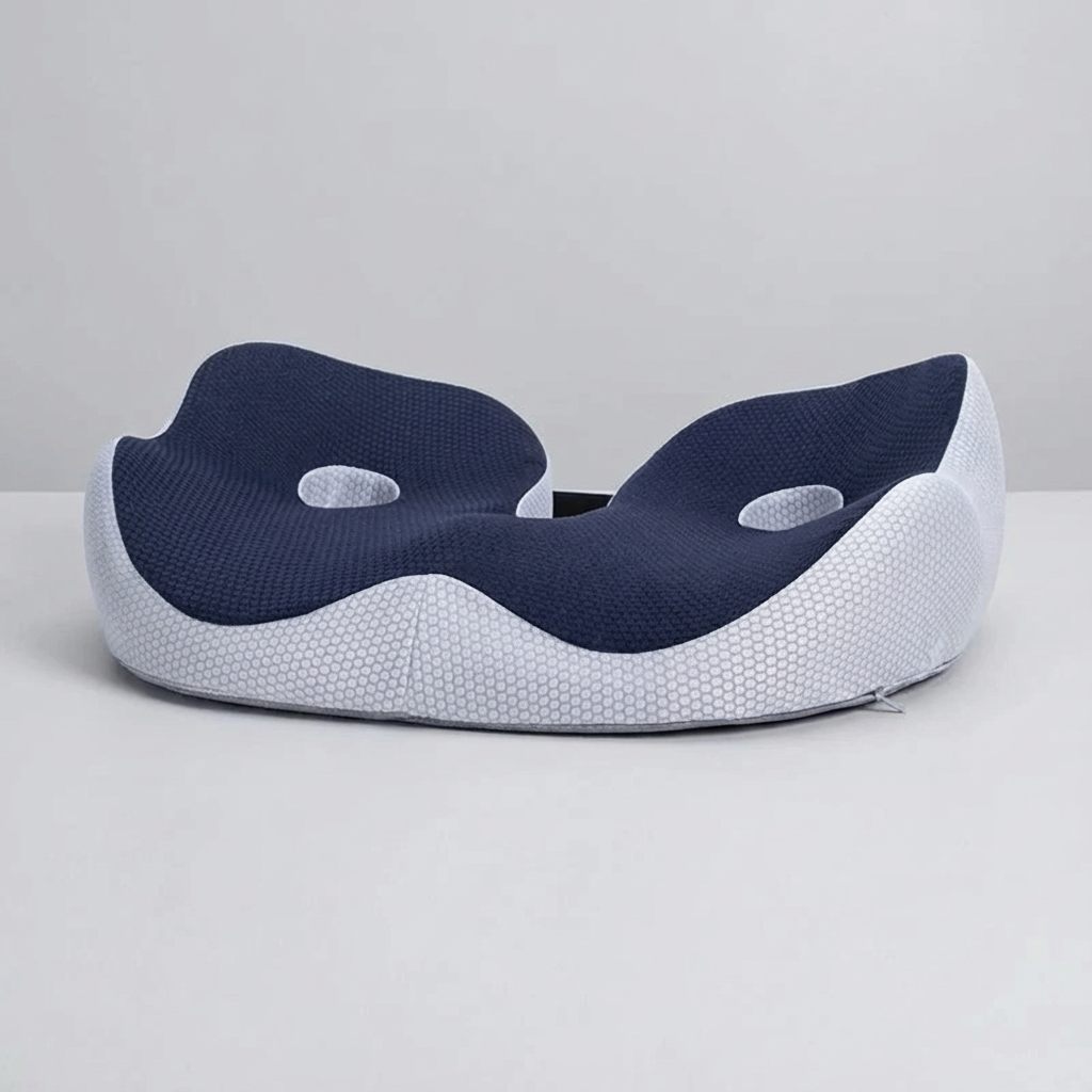 Navy and white travel pillow on a light gray background