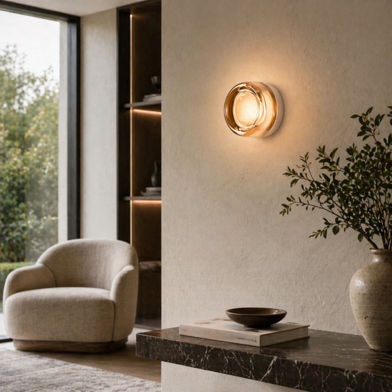 A modern circular wall sconce with a warm glowing amber glass shade mounted on a textured beige wall in a styled interior room with a chair, console table, and potted plant.