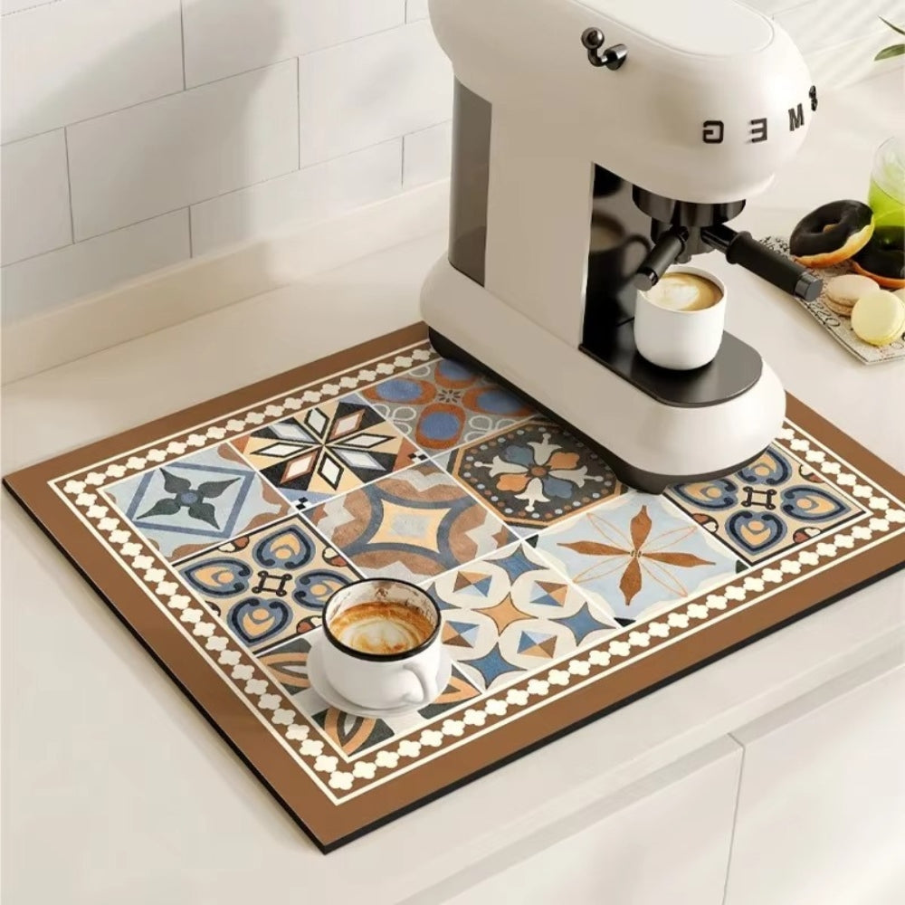 Absorbent Kitchen Mat - Quick-Drying, Non-Slip, Retro Tile Design 0