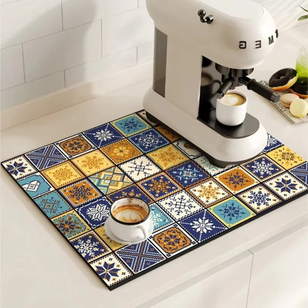 Absorbent Kitchen Mat - Quick-Drying, Non-Slip, Retro Tile Design 11