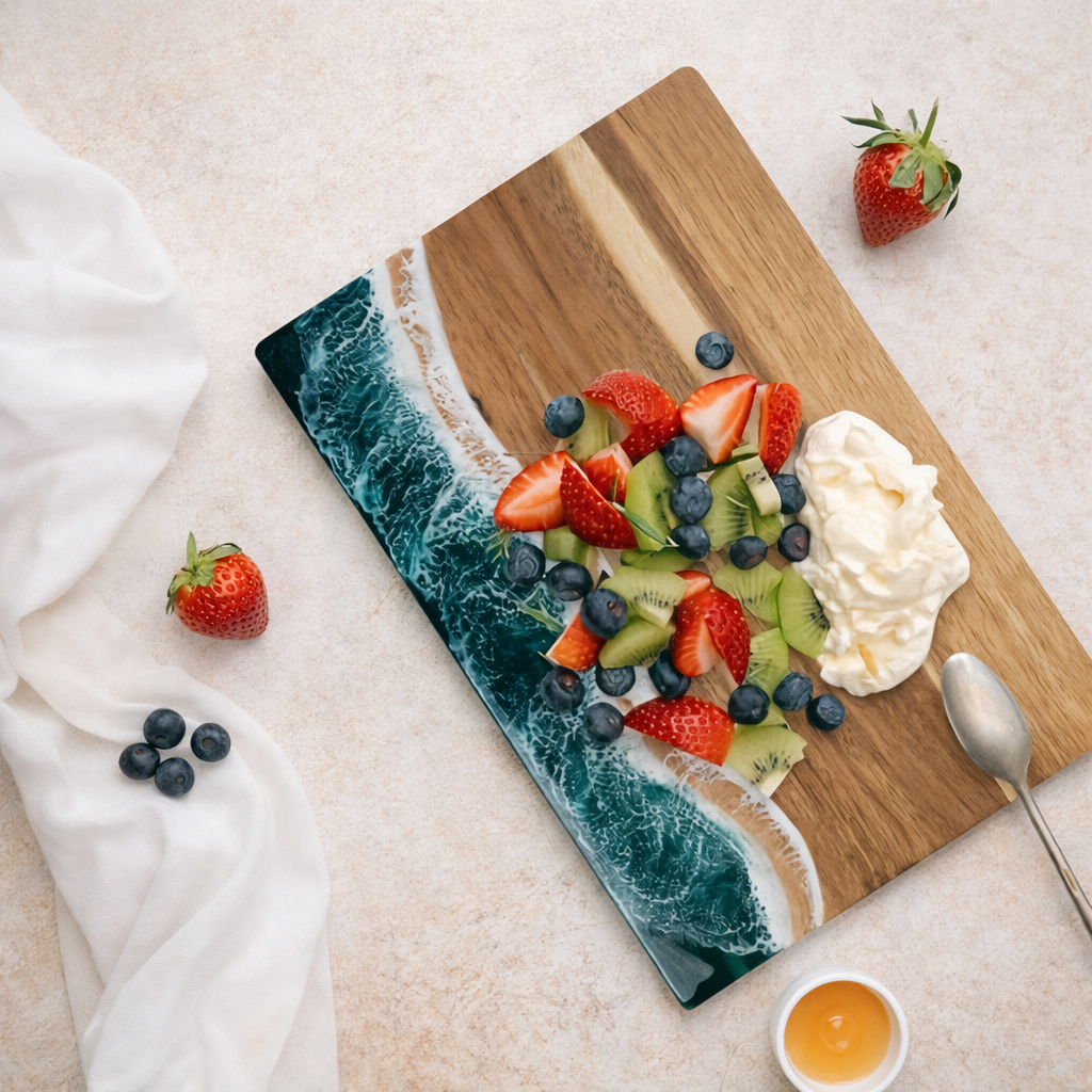 Acacia Wood Cutting Board - Unique Ocean Resin Inlay Design, 36x25 cm 00