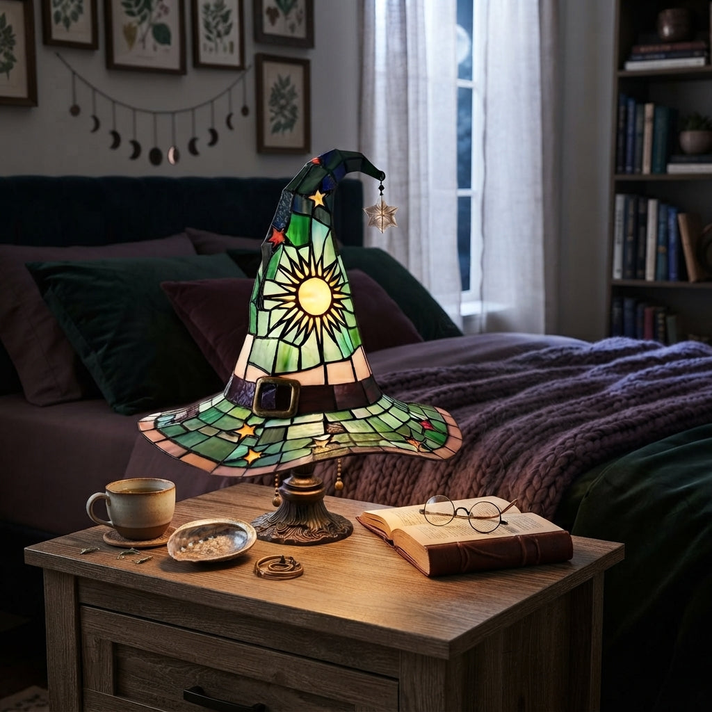 A stained-glass-style witch hat table lamp glowing on a wooden nightstand in a cozy bedroom setting, with a book, mug, and eyeglasses nearby.