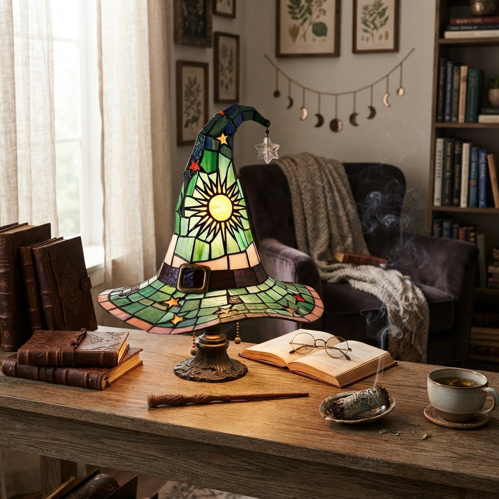 Accent Lamp Stained Glass Resin Witch Hat Design Warm Light 3