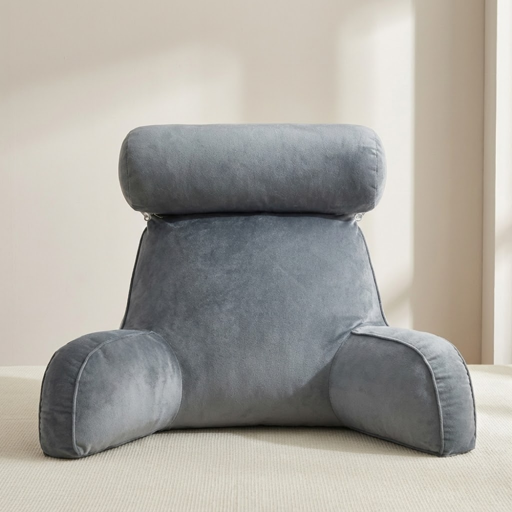 Gray backrest pillow on a neutral background