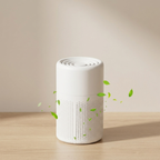 White air purifier on a wooden surface with a beige background