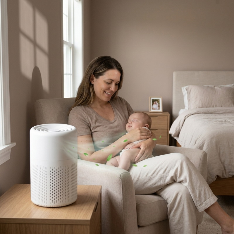 Woman holding a baby next to an air purifier in a bedroom