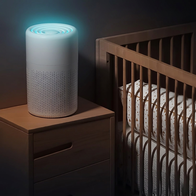 Air purifier on a nightstand next to a crib in a dark room