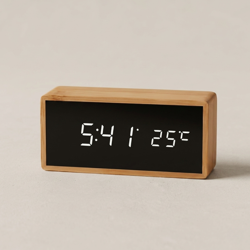 Alarm Clock Bamboo LED Display 15 x 7 x 4.5 cm USB Battery, Compact Design