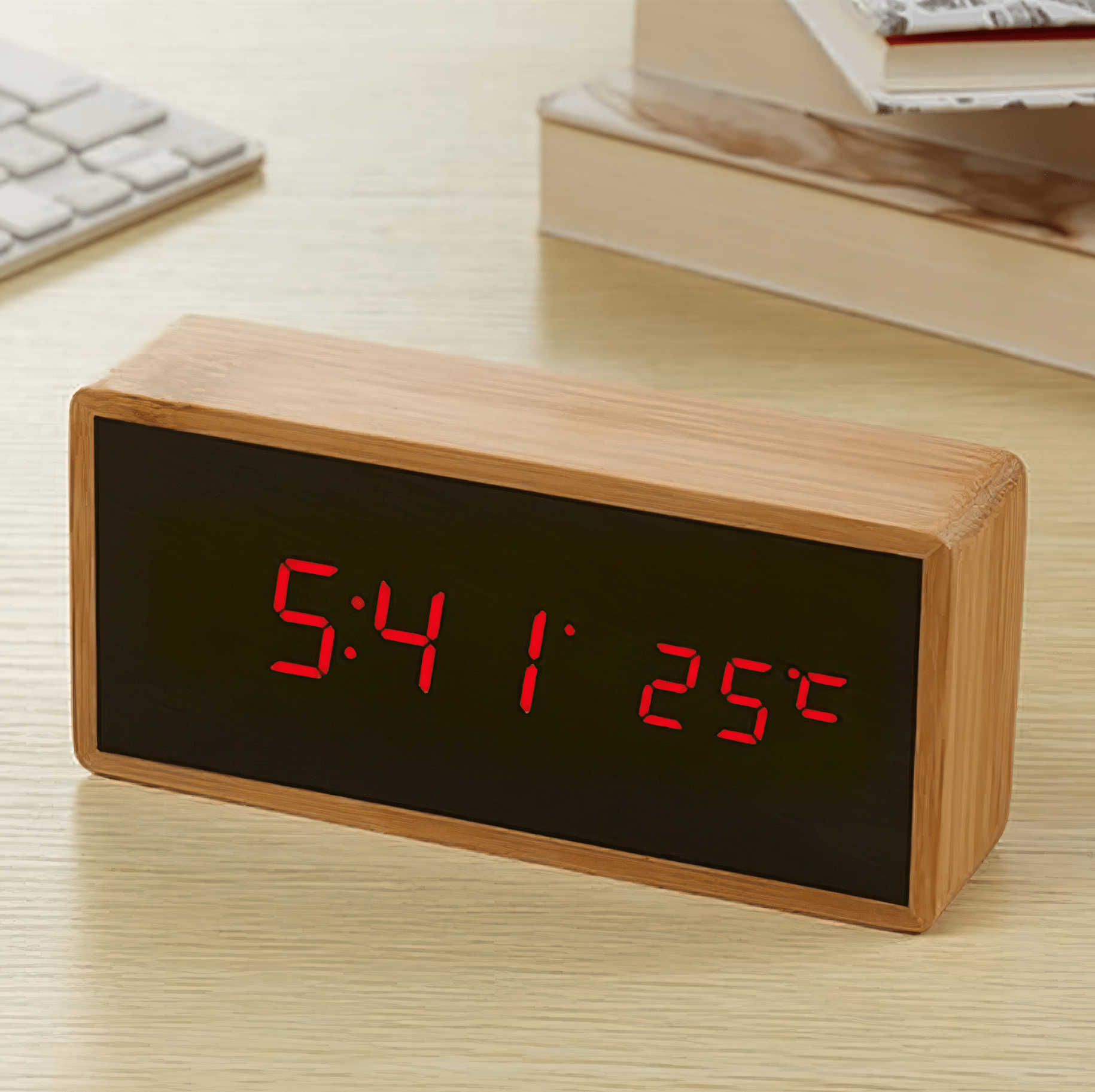 Alarm Clock Bamboo LED Display 15 x 7 x 4.5 cm USB Battery, Compact Design 3