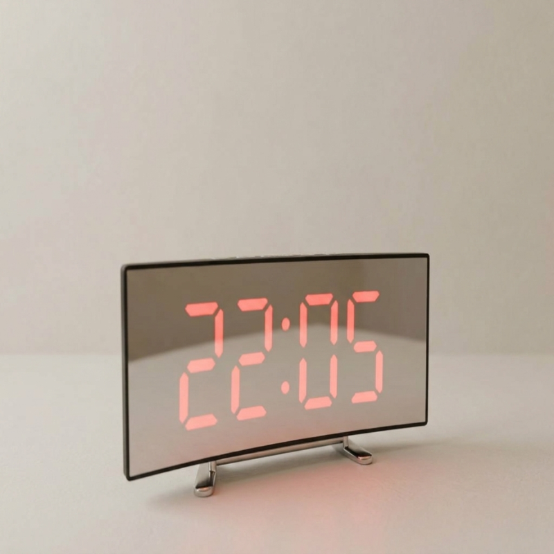 Digital clock with red LED display on a light gray background
