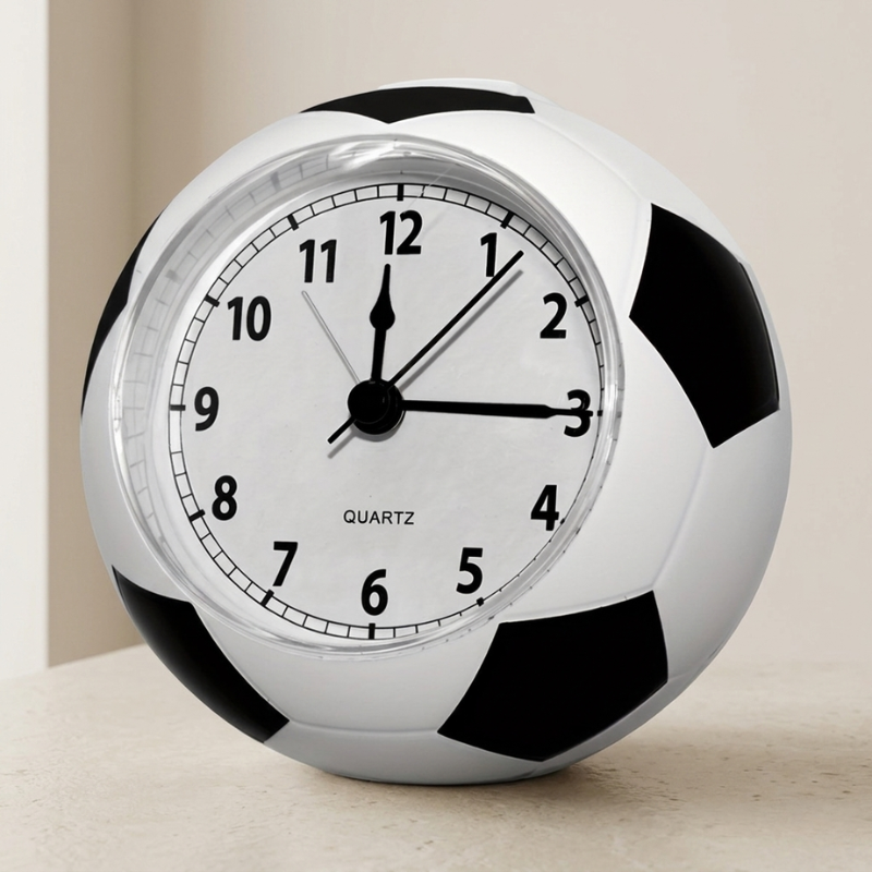 Soccer ball-shaped clock with black and white pattern on a neutral background