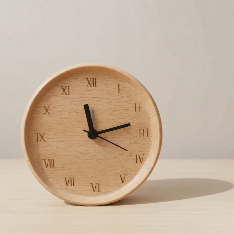 Wooden clock with black hands on a beige background