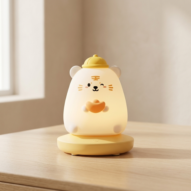 A cute, bear-shaped night light with a yellow cap and belly, sitting on a light wooden table in a softly lit room.